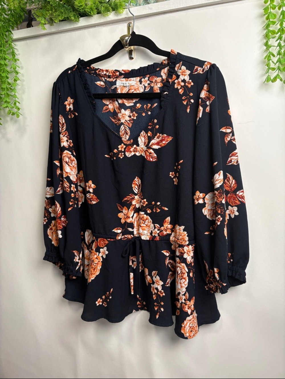 Maurices Black Floral Ruffle Peplum Blouse with Rust Accents